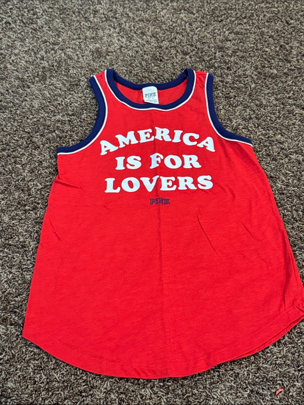 PINK Victoria's Secret Red 'America Is For Lovers' Tank with Navy Trim